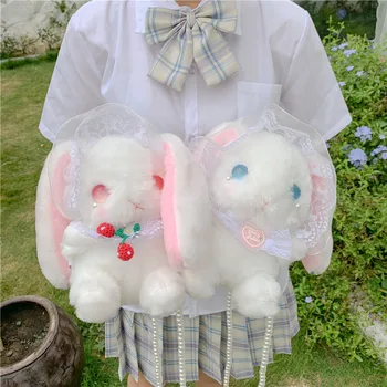 2022 Nový Japonský Lolita Tašky Cez Rameno Pre Dievčatá Cosplay Plyšové Čipky Lop Ucho Rabbit Pearl Messenger Bag Malá Hračka Telefón Mince Taška