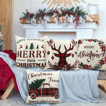 4pcs 45X45cm Umývateľný Vianočné obliečka na Vankúš Trvanlivé Ľanové Vintage Koberčeky Gauč Vankúš Pillowslip Vianočné Dekorácie Domov