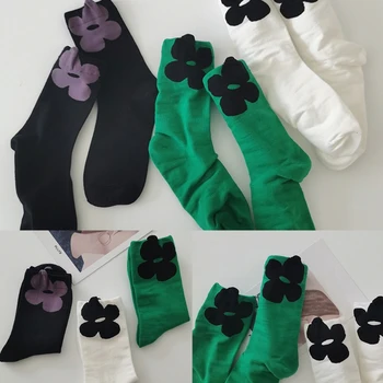 C6UD Ženy Bavlna Posádky Ponožky Harajuku Preppy Štýl Veľký Kvetinový Vzor, Študent, pančuchový tovar