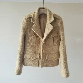 Dráhy Jeseň Zima Vintage Kávy Farebné Vlnené Tweed Bunda Ženy, Luxusné Vreckový Dizajn Coats Žena Casacos, Blúzky