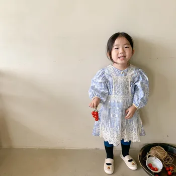 Jeseň Nový Príchod kórejský štýl dievča oblečenie sady kvety dlhý rukáv šaty s čipkou zástera pre roztomilé sladké dieťa dievčatá