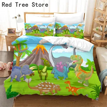 Karikatúra Roztomilý posteľná bielizeň Nastaviť Dinosaura Vytlačené Perinu Obliečky 2/3ks domáci Textil, Luxusný Vysoko Kvalitný prehoz cez posteľ Queen Veľkosť