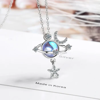 Kreatívne 925 Sterling Silver Náhrdelník pre Ženy Moon Star Modrej Planéty Vesmíru Prívesok Náhrdelník Zirconia Crystal Jemné Šperky