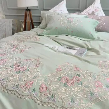 Luxusné Americký Pastoračnej Štýlu Kvetinové Výšivky posteľná bielizeň z Egyptskej Bavlny Nastaviť Zelená Ružová Perinu Posteľ list/Bielizeň, obliečky na Vankúše