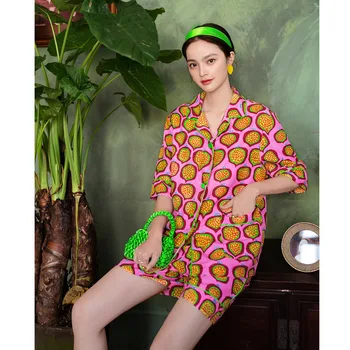 Maison Gabrielle Geommetric Vytlačené Ovocné Pyžamo Set pre Ženy, Plavky Sleepwear pre Ženy Živej 2 Kusy Krátky Rukáv