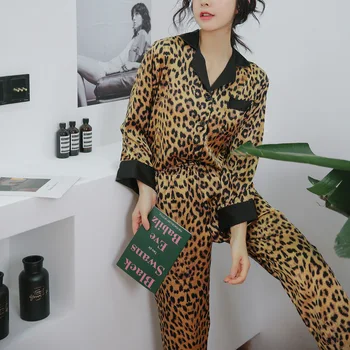 Na jar a v Lete Dlhý Rukáv dámske Sleepwear Žena Hodváb Tepláková súprava Nastaviť Leopard Tlač Sexy Veľké Pyžamo Ice Hodváb Pajama Nastaviť