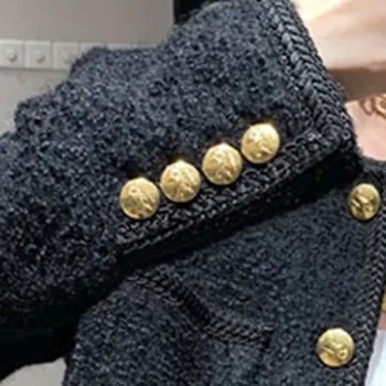 Nové Vysoko Kvalitné Ženy Móda Bundy Black Tweed Dve Vrecká Zlata Tlačidlá Elegantné Topy Jar Jeseň Ženy Oblečenie Veste Femme