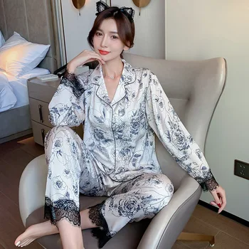 QSROCIO Vysoko Kvalitné dámske Pyžamo Nastaviť Kvetinový Atrament Maľovanie Sleepwear Hodváb Ako Bežné Luxusné oblečenie pre voľný čas V Krku Pyjams Femme Nové