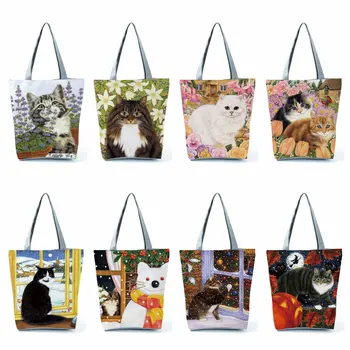 Roztomilé Mačka Kvet Maľovanie Tlač Ženy Dizajnér Tote Bag Kvetinový Dámske Kabelky Veľká Skladacia Nákupná Taška Pre Potraviny Prenosné
