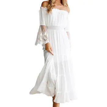 SANWOOD dlhé šaty biele ramena pláži sundress Svetlice dlhý rukáv spájať čipky ženy šaty letné vestidos