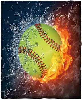 Softball Red Flame Flanelové Fleece Hodiť Deka 3D Vytlačené Teplé Načechraný Príjemné Mäkké TV, Rozkladací Gauč Športových Fanúšikov Dospievajúcich Chlapcov Darčeková Deka