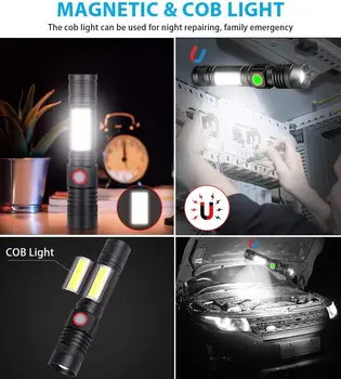 USB Nabíjateľná Baterka Magnetické LED baterka Super Svetlé s Klasu Sidelight Nepremokavé Zoomovateľnom Baterka na Kempovanie