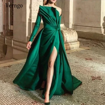 Verngo Zelená Satin Vintage Večerné Šaty rameno Dlhé Šaty Formálne Šaty S Dlhým Rukávom Vestido De festa Longo