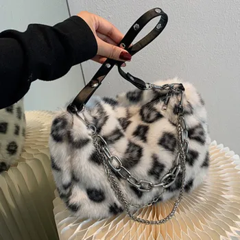 Zimné nové módne ramenný žena leopard žena reťazca taška Podpazuší veľké plyšové zimné kabelka Messenger taška mäkké teplé kožušiny taška