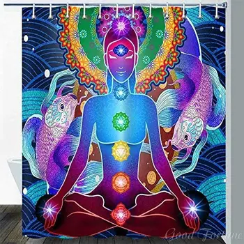 Čakra Jogy Meditácie Japonský Vlna Ryby Mandala Kvet Neon Psychedelic Farebný Dekor Abstraktné Geometrické Sprchový Záves
