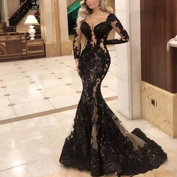 čierne šaty ples 2020 dlhý rukáv lištovanie flitrami morská víla večerné šaty formálne šaty arabčina shinning čierne šaty