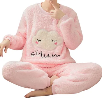 Ženy Coral Velvet Pajama Nastaviť Jeseň Zima Flanelové Pyžamo Cartoon Hrubé Teplé Ženy Sleepwear Zvierat Ženské Oblečenie Pre Voľný Čas Pjs Ženy