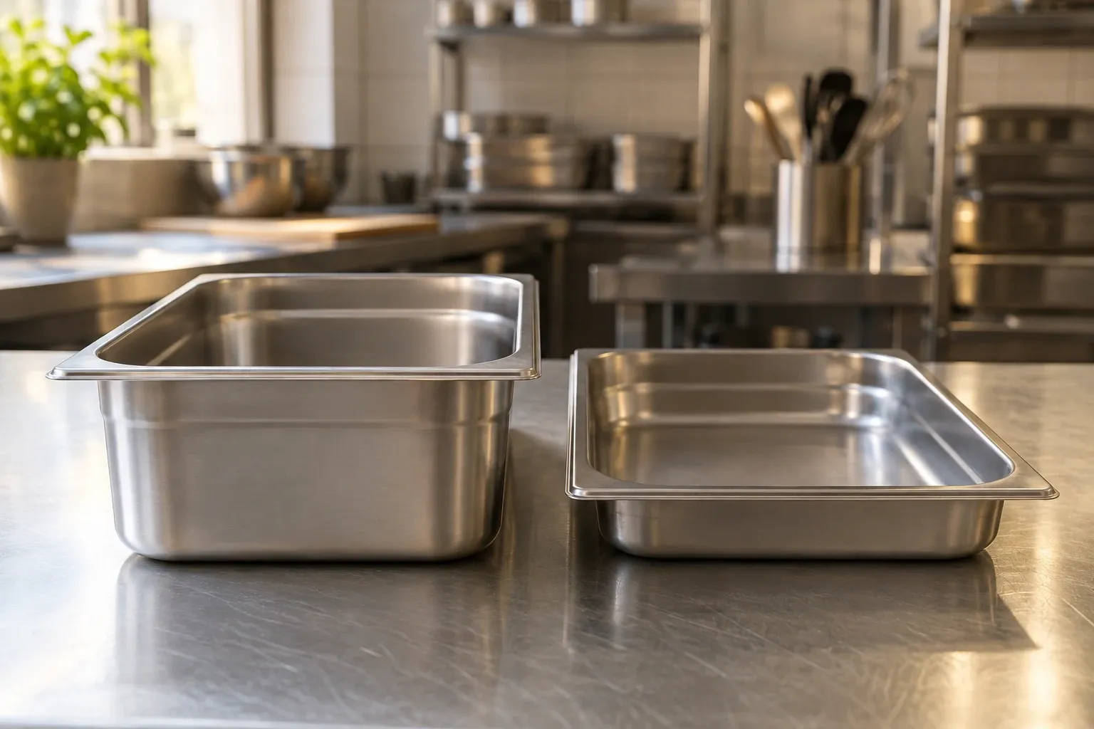 Dve nerezové gastronádoby rôznej hĺbky na pracovnom stole v profesionálnej kuchyni