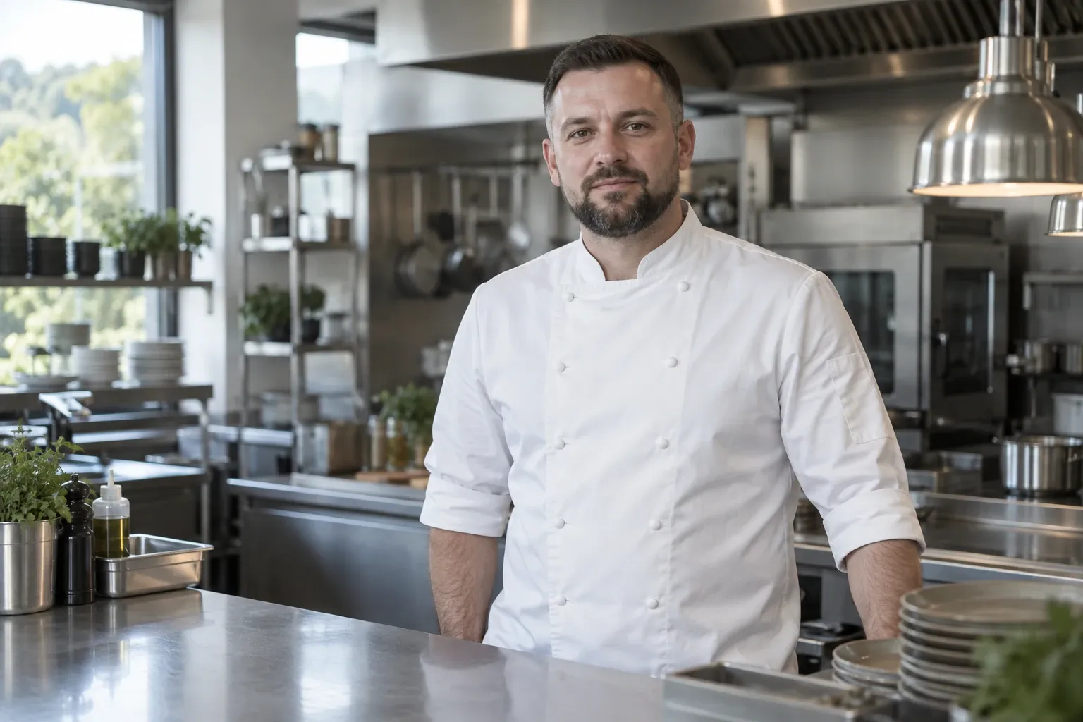 Male head chef standing confidently in stainless steel commercial kitchen, plates and herbs visible