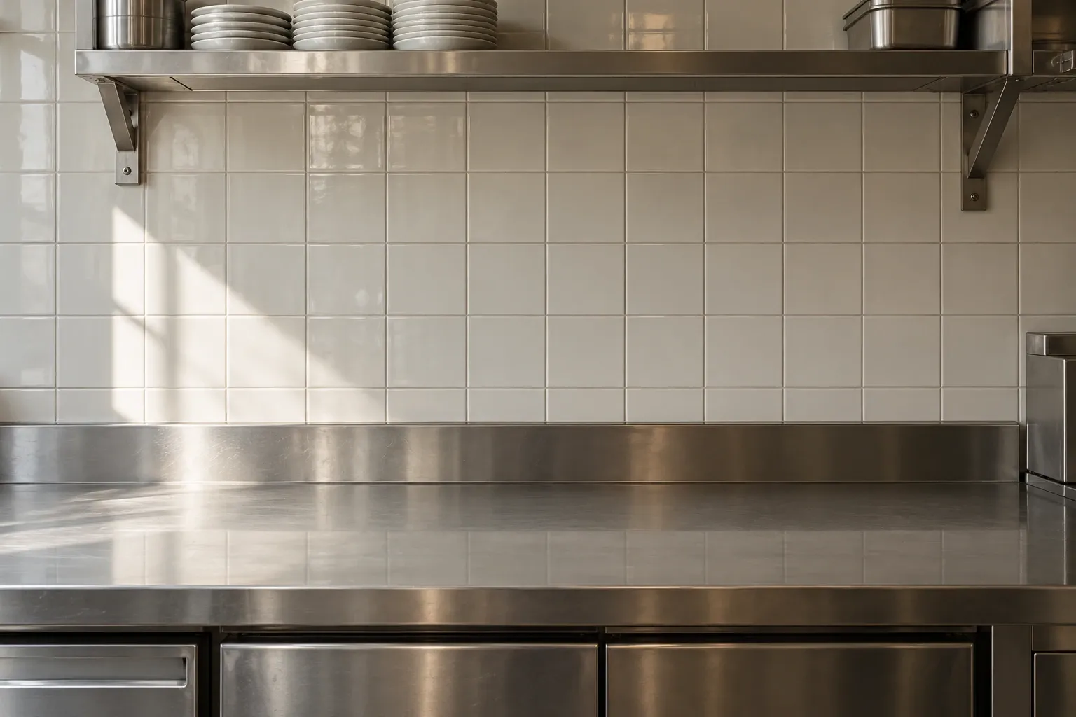 Stainless steel countertop and shelf with stacked white plates against glossy white tiles