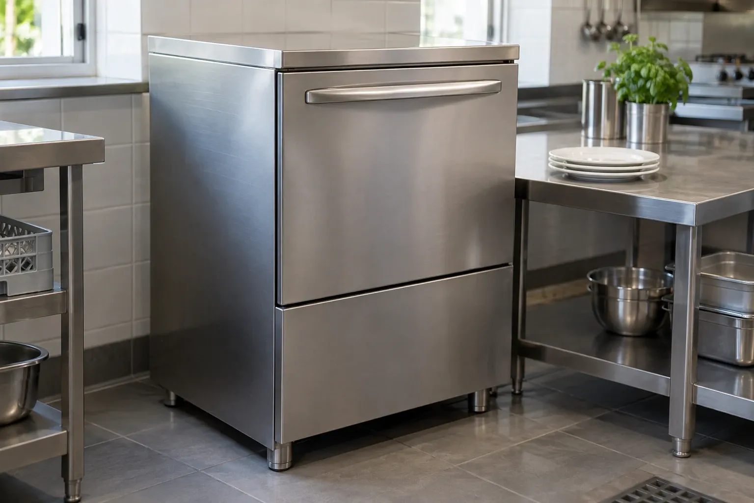 Stainless steel commercial dishwasher standing between prep tables in bright professional kitchen