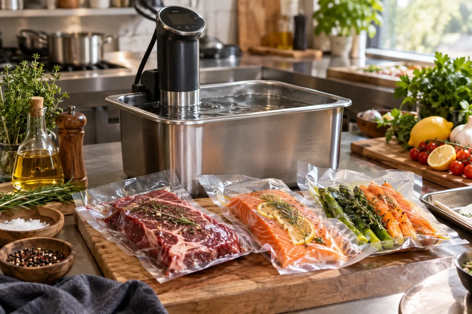 Sous vide cirkulátor v nerezovej nádobe a vákuované balíčky s hovädzím mäsom, lososom a zeleninou na drevenej doske