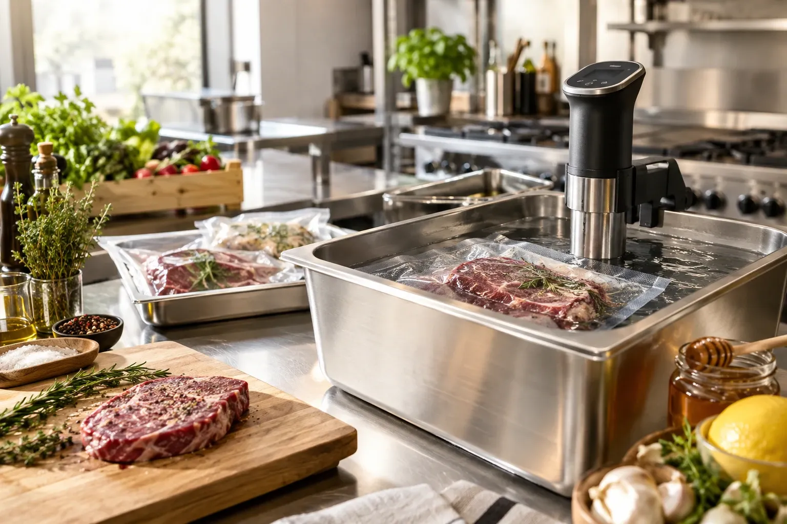 Sous vide cirkulátor v nerezovej nádobe s vákuovaným steakom a ďalšie vákuované mäso na plechu v profesionálnej kuchyni