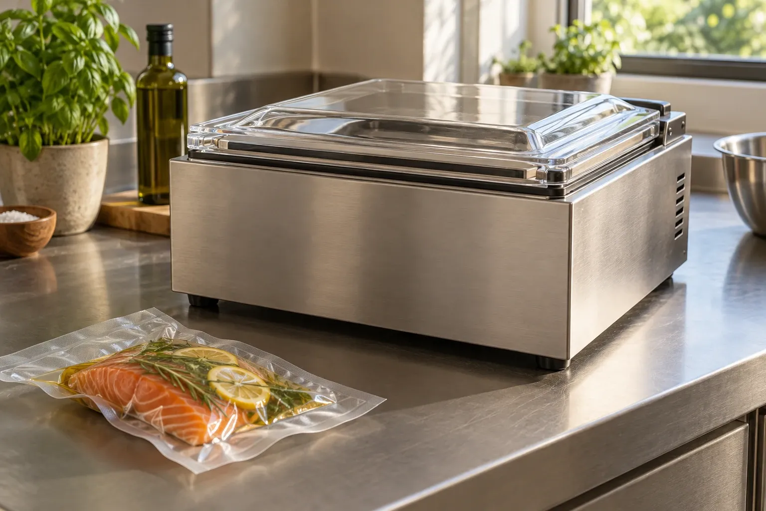 Stainless steel chamber vacuum sealer on countertop with sealed salmon sous vide pouch