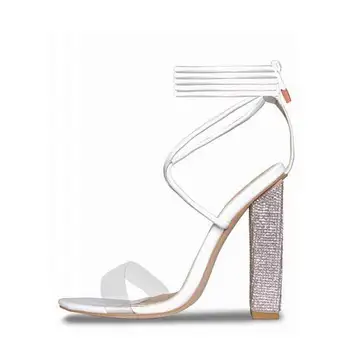 2020 Letné Módne Biele Transparentné Pás Hrubé-podpätky Vysoké podpätky Sandále s otvorenou špičkou Crystal-podpätky dámske Topánky