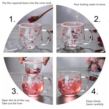 300 ml Filter&Lid Cherry pohár nastaviť Sakura Hrnček Skla hrnček S Čajom Infuser Kvety Kvetinové Teacup Transparentné žiaruvzdorné Sklá